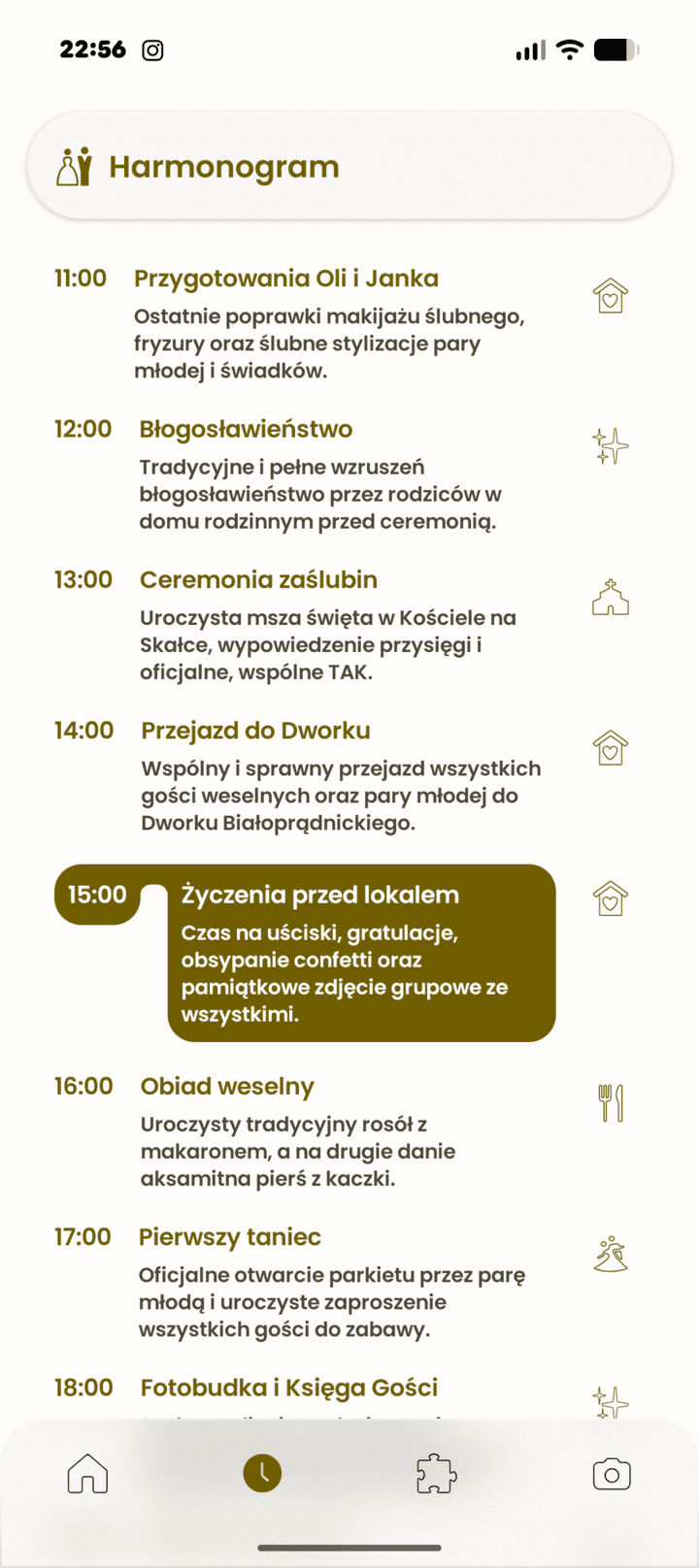 Harmonogram dnia w aplikacji Hej Wesele