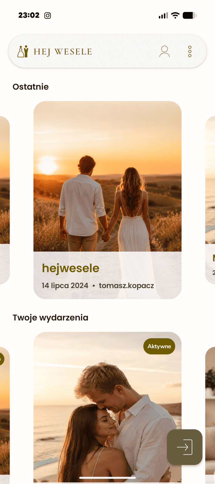 Lista wydarzeń gościa w aplikacji Hej Wesele